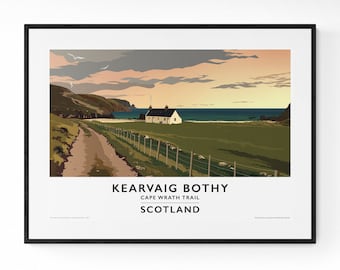 May include: A colorful illustration of a small white cottage with a path leading to it. The cottage is located on a grassy hill overlooking a body of water. The sky is a mix of pink, orange, and gray. The text "KEARVAIG BOTHY CAPE WRATH TRAIL SCOTLAND" is printed below the image.
