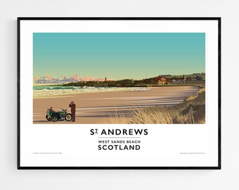 St Andrews, West Sands Beach, Links Golf Course, Scotland. Vintage Travel Poster.