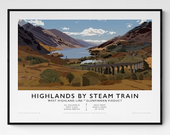 Glenfinnan Viaduct, Jacobite Steam Train, West Highland Line, Scotland. Vintage Travel Poster.