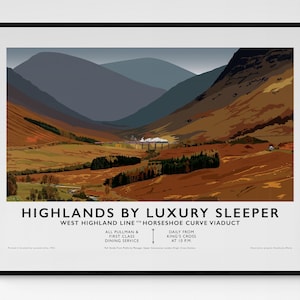Viaducto en curva de herradura, tren de vapor jacobita, Escocia. Cartel de viaje antiguo.