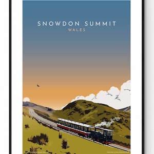 Snowdon, ferrocarril de montaña, Gales. Cartel de viaje antiguo.