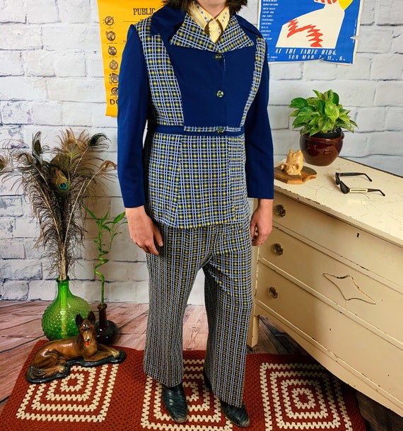 Vintage 70s Handmade Pantsuit Blue And Yellow Plai