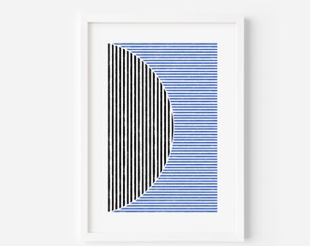 Mid Century Wall Art, Geometric Design, Abstract Lines, Art Prints, Boho Bohemian, Circle Art Black & Blue Modern Minimalist Line Art