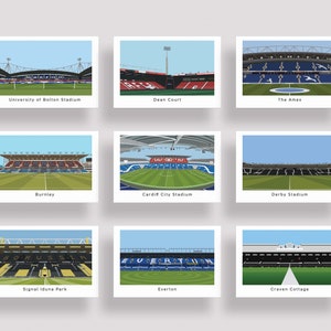Fussballstadion Poster, Bolton, Bournemouth, Brighton, Burnley, Cardiff, Derby, Doortmund, Everton, Fulham