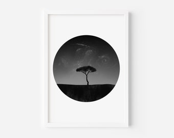 Desert Tree Print, Black and White Wall Art, lunar Living Room Wall Decor, Bedroom Wall Art, Black White Grey Night Art