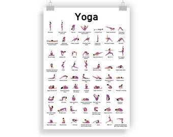 May include: A yoga poster with illustrations of different yoga poses. The poster has a white background with the word "Yoga" in a purple font at the top. Each pose is labeled with its name in black text.