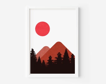 Può includere: Una stampa d'arte digitale con un sole rosso, due montagne rosse e una silhouette di una foresta di alberi su uno sfondo bianco.