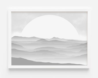 Sunrise Print, Póster abstracto de paisaje de montaña brumoso, Arte mural minimalista moderno de mediados de siglo al atardecer