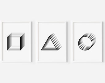Geometric Shape Prints - Set of 3. Minimalist Monochrome Optical Illusion Art
