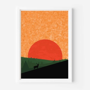 Abstrakter Sonnenuntergang Sonne Poster, Geometrischer skandinavischer Wald Wand kunstdruck, A3, A4, A5