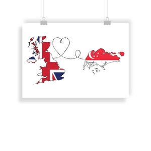 United Kingdom to Singapore - Singaporean Map Flag Travel print