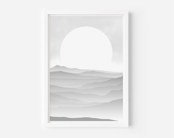 Sunrise Print, Póster minimalista de paisaje de montaña brumoso, Mid Century Abstract Modern Sunset Wall Art