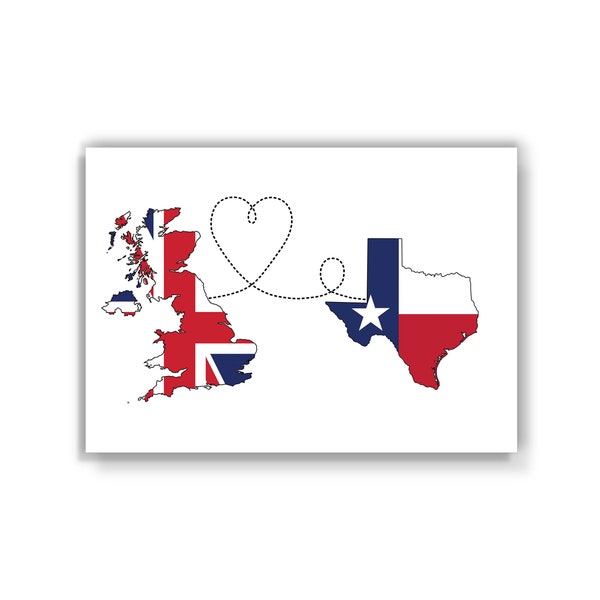 United Kingdom to Texas - USA Map Flag Travel print