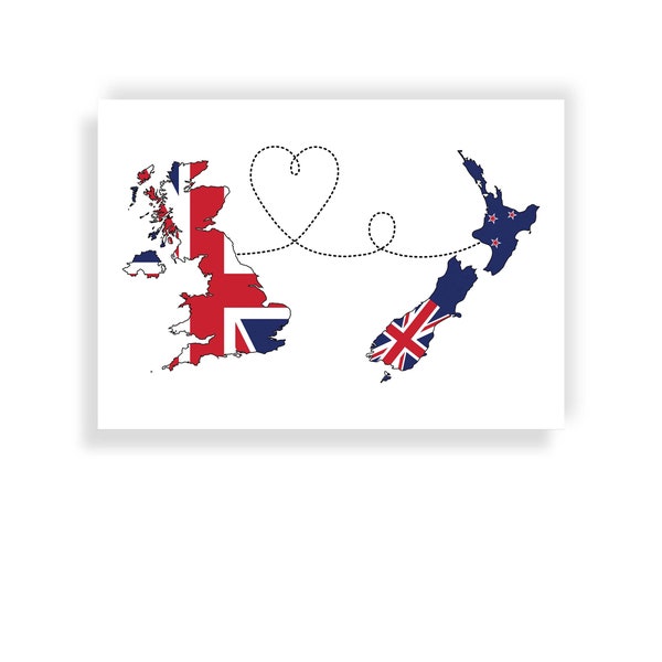 United Kingdom to New Zealand - Map Flag Travel print