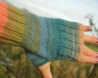 Blue Winter Fingerless Mittens Wrist Warmers Hand Warmers Arm Warmers Wool Women Cosy Hand Knit Christmas Gift for her