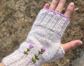 Hand Knit Floral Fingerless Gloves: Wool Arm Warmers with Flowers