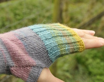 Rainbow  Fingerless Gloves Mittens Wrist Warmers Hand Warmers Arm Warmers  Cosy Hand Knit Wool Women