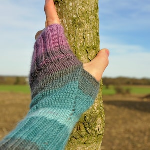Passion Fruit Purple & Blue Fingerless Mittens Wrist Warmers Hand Warmers Arm Warmers  Wool Women Cosy Hand Knit