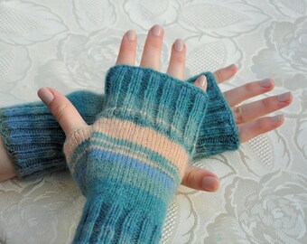 Blue Peach Fingerless Gloves Woman Mittens Wrist Warmers Hand Warmers Arm Warmers Cosy Chunky Hand Knit