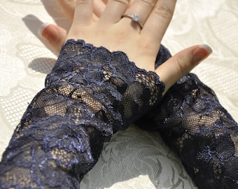 Navy Lace Fingerless Gloves: Stretchy Sleeve Extenders