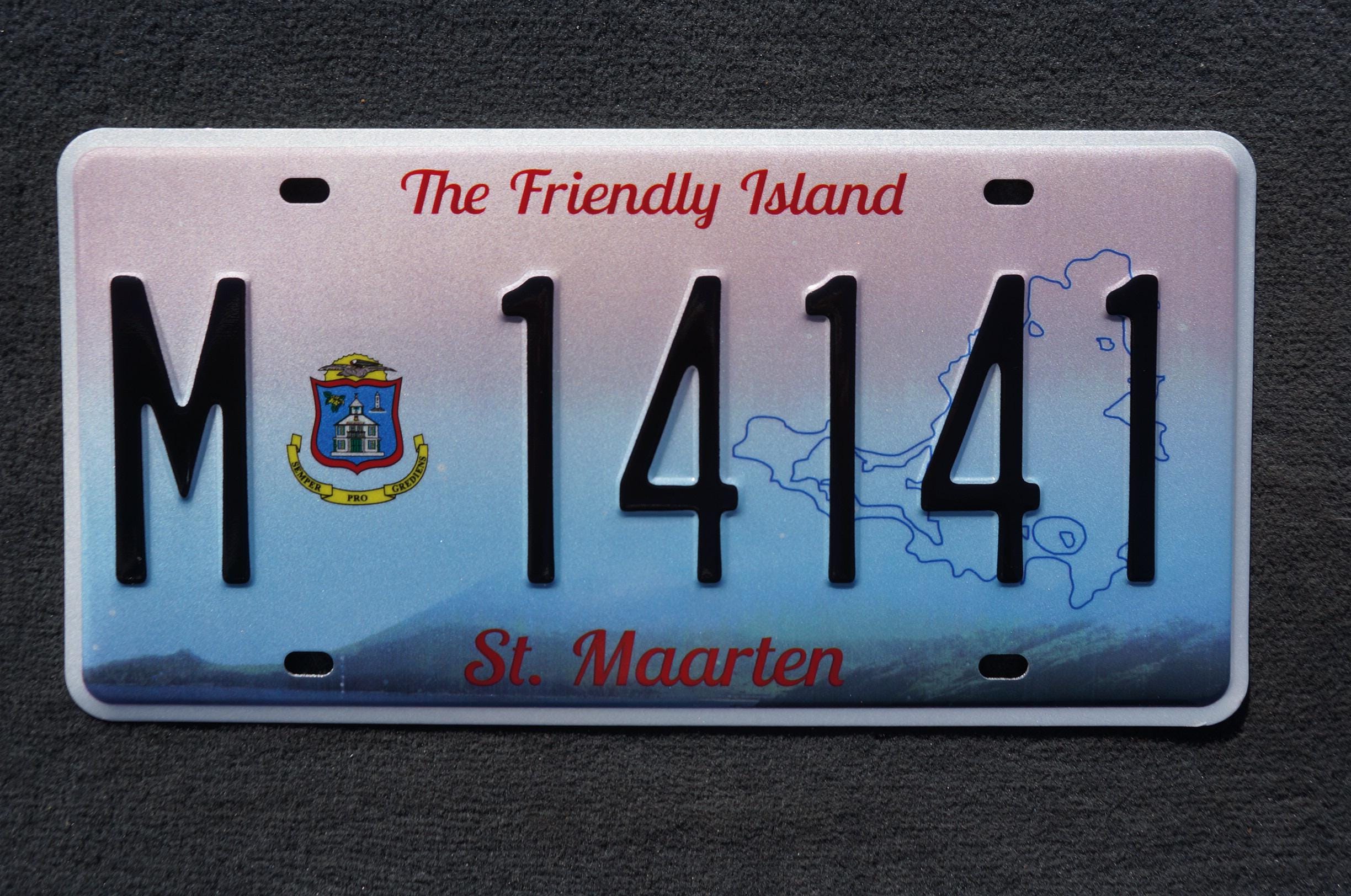 St Maarten Passenger License Plate # M - 14141 the Friendly Island