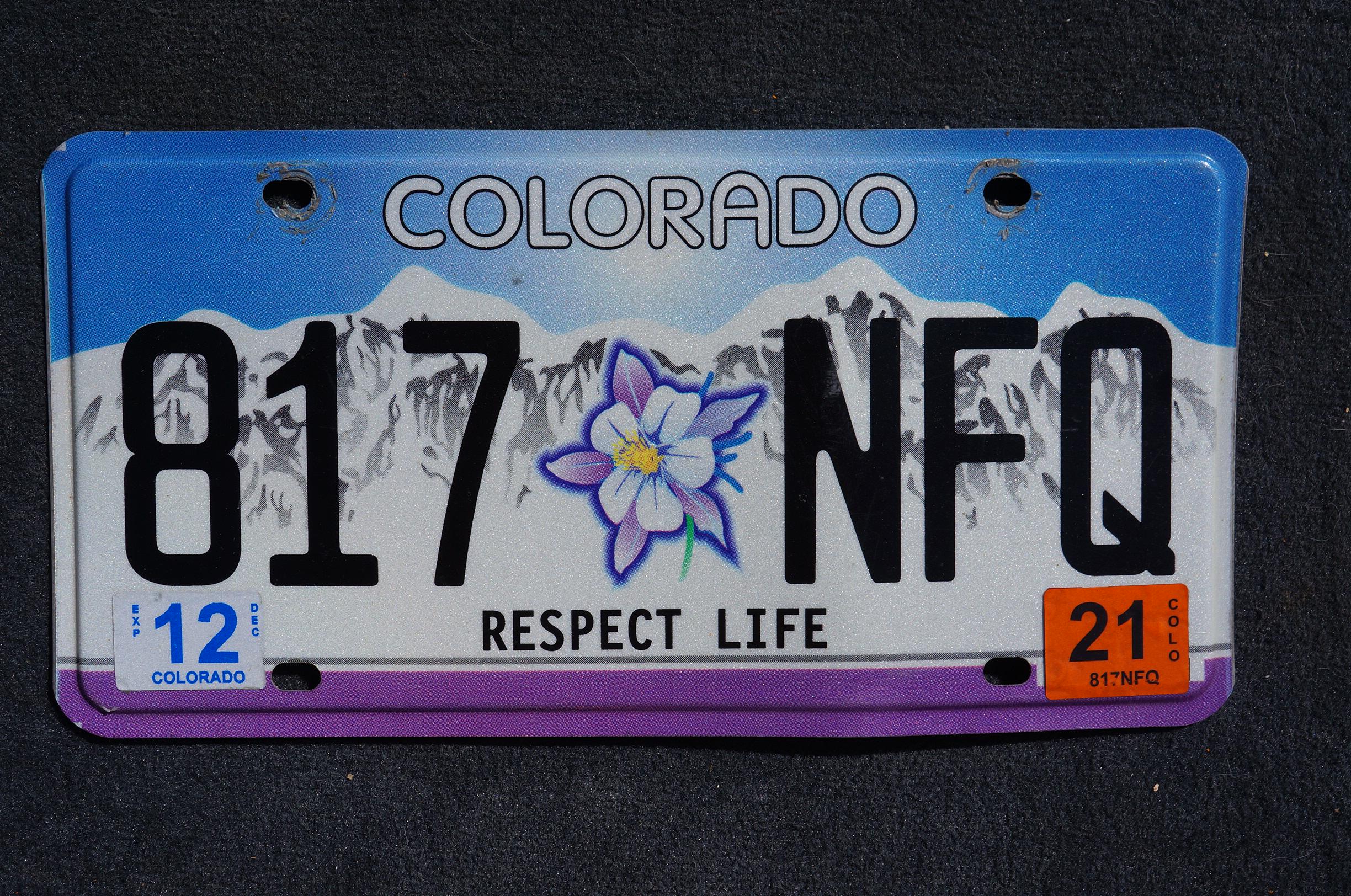 2021 Colorado License Plate RESPECT LIFE Columbine Flower Snow