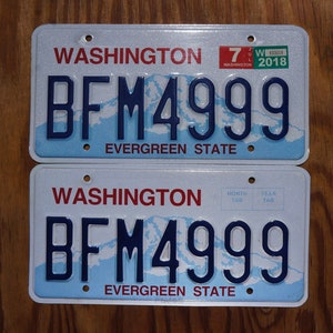 Op de afbeelding: Twee witte kentekenplaten met blauwe tekst en een blauwe bergketenafbeelding. De platen lezen "WASHINGTON" en "EVERGREEN STATE". Het kentekennummer is "BFM4999".