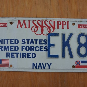 Embossed Mississippi US Armed Forces Retired NAVY License Plate # EK8