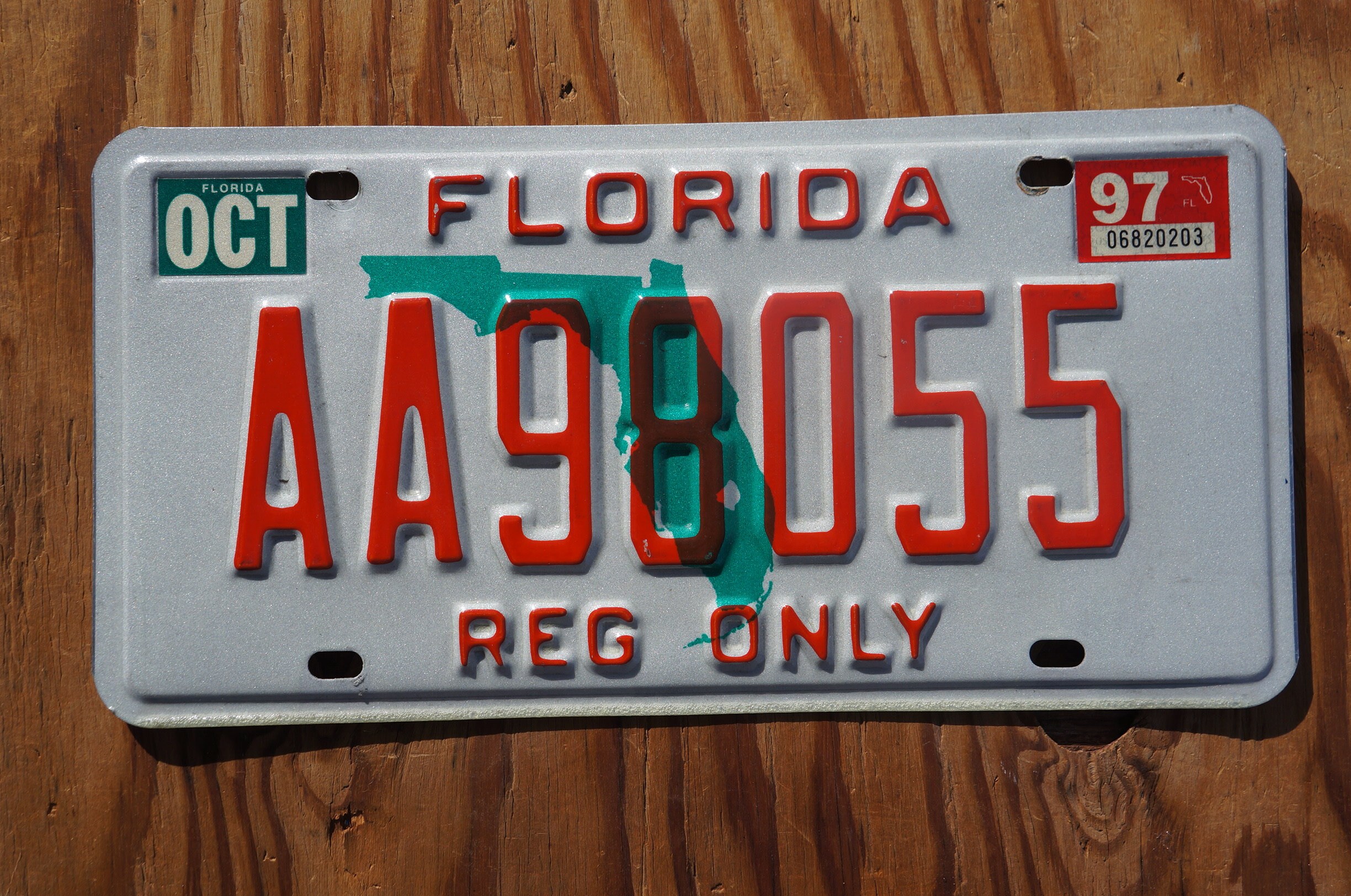 1997 Florida State Shape Vintage License Plate - REG ONLY # AA