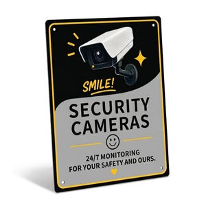 May include: A rectangular black and gray security sign featuring a white surveillance camera graphic at the top. The text reads: SMILE! SECURITY CAMERAS, a smiley face icon, and 24/7 MONITORING FOR YOUR SAFETY AND OURS, with a small yellow heart at the bottom.