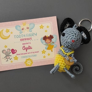 Personalised Tooth Fairy Mouse, Crocheted Mouse, Fairy Letter Card, Fée des dents Souris, Topolino Dentini, Keyring, Amigurumi,  Ratón Pérez