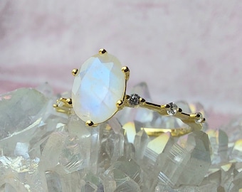 Anillo de piedra lunar plata de ley chapado en oro anillo de compromiso aniversario de boda Boho Boho joyería regalo anillo de cristal anillo de piedras preciosas Stella