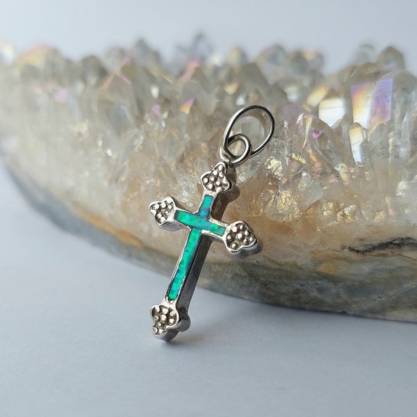 Sterling Silver Cross Opal Vintage Native American Hippie Boho Bohemian Navajo Pendant Necklace Indian Jewelry Gift