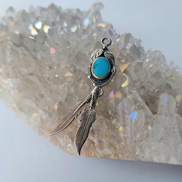 Sterling Silver Turquoise Feather Vintage Native American Hippie Boho Bohemian Navajo Pendant Necklace Indian Jewelry Gift
