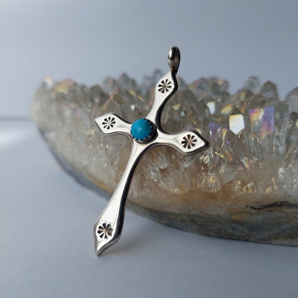 Sterling Silver Cross Turquoise Vintage Native American Hippie Boho Bohemian Navajo Pendant Necklace Indian Jewelry Gift