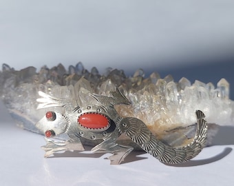Broche de coral de plata esterlina Salamandra Vintage Boho Bohemio Nativo Americano Joyería India Regalo