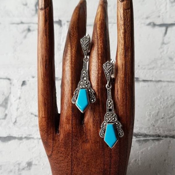 Sterling Silver Turquoise Marcasite Earrings Vintage Gypsy Hippie Boho Bohemian Jewelry Gift
