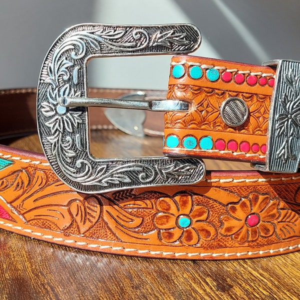Cinturón de cuero genuino en relieve flores de girasol cinturón occidental en relieve Vintage Hippie Boho regalo bohemio