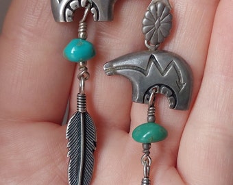 Sterling Silver Turquoise Bear Feather Navajo Earrings Vintage Gemstone Hippie Boho Bohemian Earrings Indian Jewelry Gift