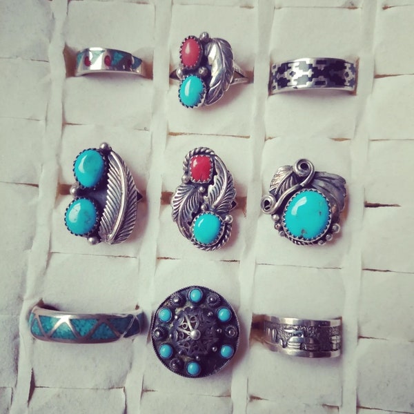 Sterling Silver Gemstone Turquoise Vintage Navajo Rings Hippie Gypsy Boho Bohemian Ethno Jewelry Gift #9