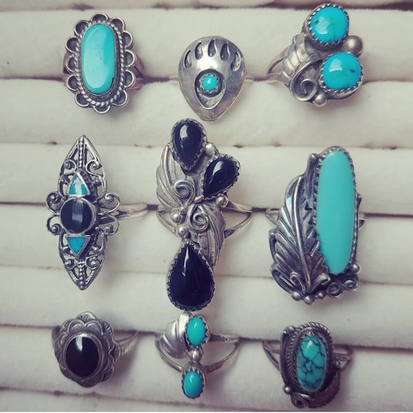 Bagues Navajo en argent sterling Turquoise Onyx pierres précieuses Vintage Hippie Boho bohème gitane bijoux ethniques cadeau bijoux indiens