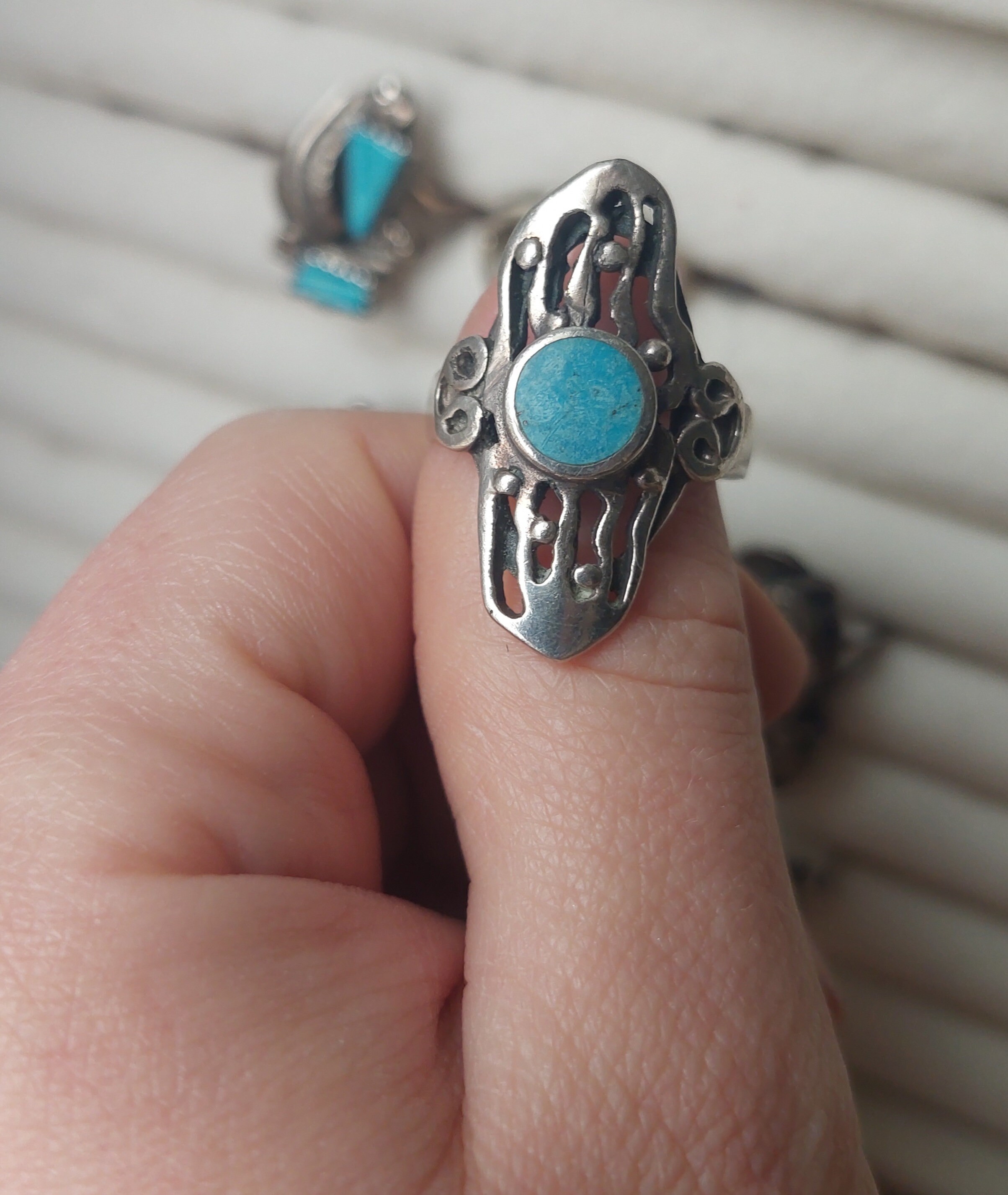 SILVER925 INDIAN TURQUOISE RING/シルバー/リング Vintage Turquoise Gem Navajo Original H Hallmark Indian