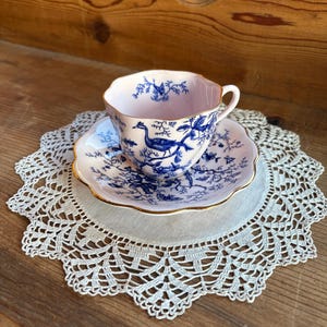 Antique Coalport Cairo Blue and Pink English Bone China Teacup and Saucer, circa 1920&#39;s