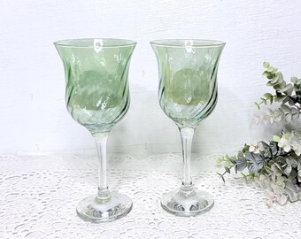 Two Vintage Optic Swirl Green Luster Wine Glasses, 1970s-1990s