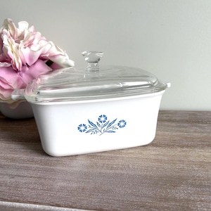 Vintage 1970s Corning Blue Cornflower P-4-B 1-1/2 Qt Baking Dish With Glass Lid