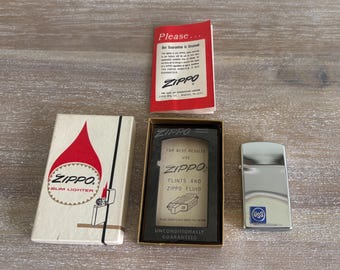 Vintage Zippo Unfired Slim Lighter, USS, With Original Box and Instruction Booklet, circa 1966