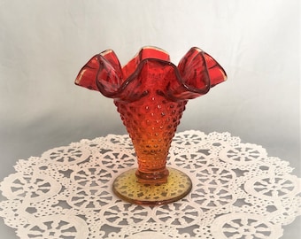 Vintage Fenton Amberina Glass Hobnail Trumpet Bud Vase, circa 1960's