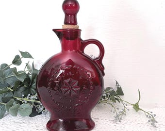 Jim Beam Ruby Red Embossed Glass Decanter, 1950s