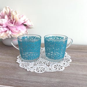 2 Vintage IKEA Turquoise Blue Godta Flower Design Glass Mugs, Made in France, Circa 1980s