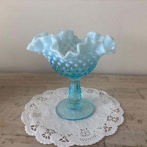 Vintage Fenton Opalescent Aqua Blue Hobnail Ruffled Pedestal Candy Dish, circa 1940s